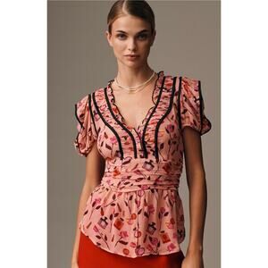 Anthropologie Maeve  V-Neck Puff-Sleeve Printed Blouse. Size L.  Retails $118